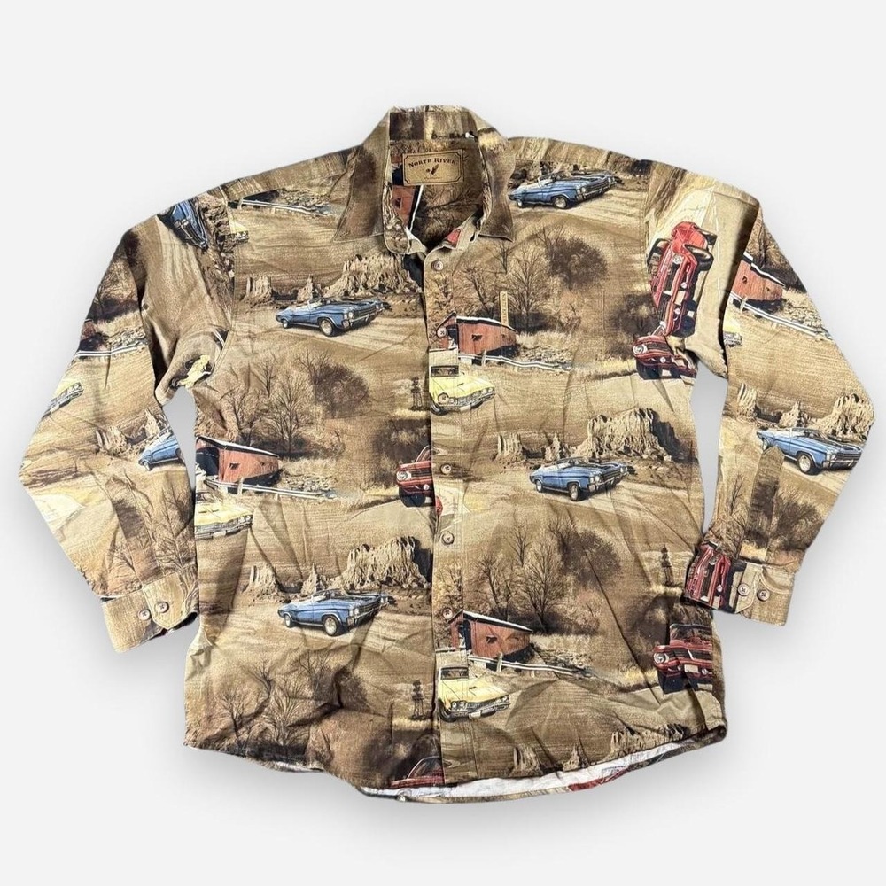 North River Classic Muscle Car Long Sleeve Button Up Shirt Size L